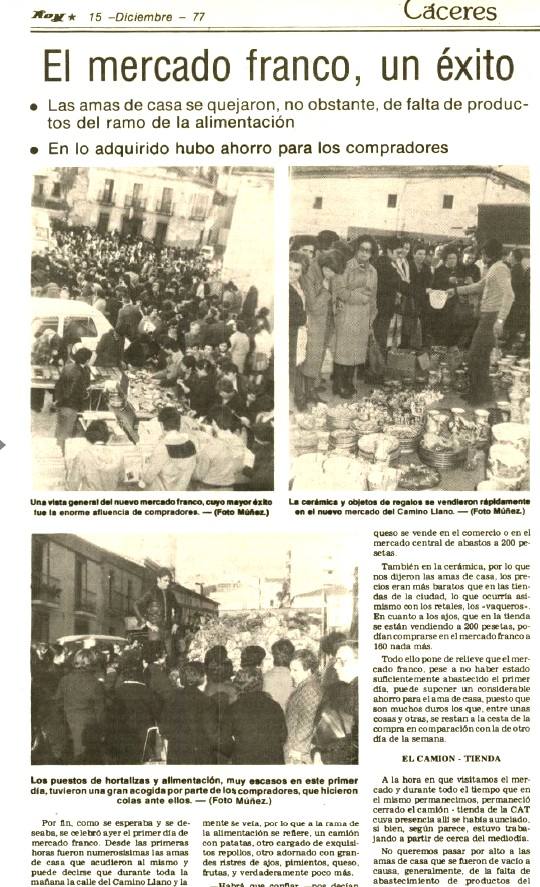 11. Recorte del Diario HOY contando el primer día del Mercado Franco de Cáceres, el 14 de diciembre de 1977