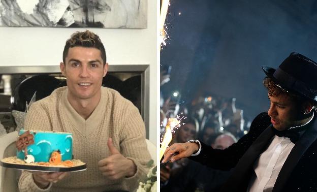 Arriba, Cristiano Ronaldo muestra a sus seguidores una tarta de cumpleaños. Abajo, Neymar parte la suya en su fiesta de París. :: ap