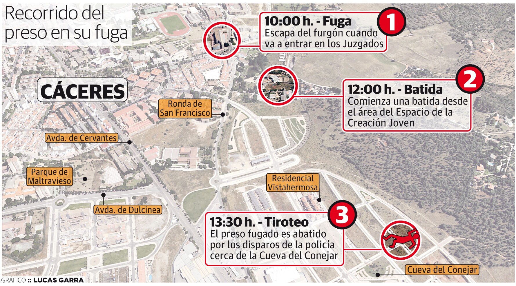 El interno de la prisión de Cáceres se fugó del Palacio de Justicia de la ciudad, desde donde emprendió una huída que terminó en el polígono de Vistahermosa, cerca de la Cueva del Conejar