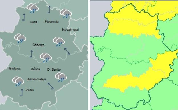 A la izquierda, el mapa de lluvia para la madrugada de este jueves. A la derecha, mapa de avisos para el viernes.