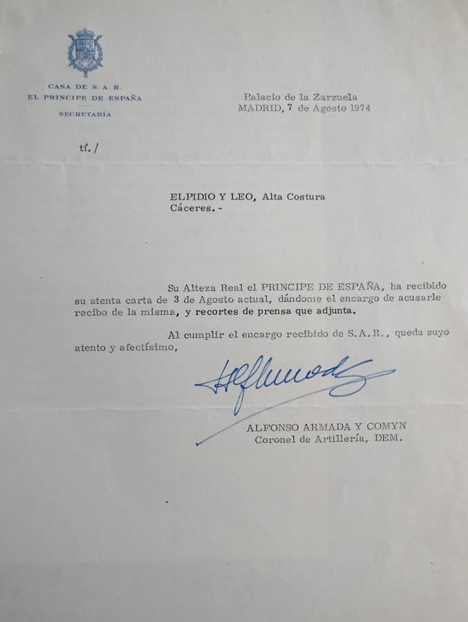 12-Carta de 1974 de la Casa de S.A.R. El Príncipe de España que firma el coronel Alfonso Armada, que en 1983 sería condenado a 30 años por participar en el golpe de estado del 23 de febrero de 1981.