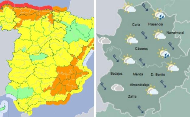 Mapa de avisos para España y previsión del tiempo en Extremadura para mañana