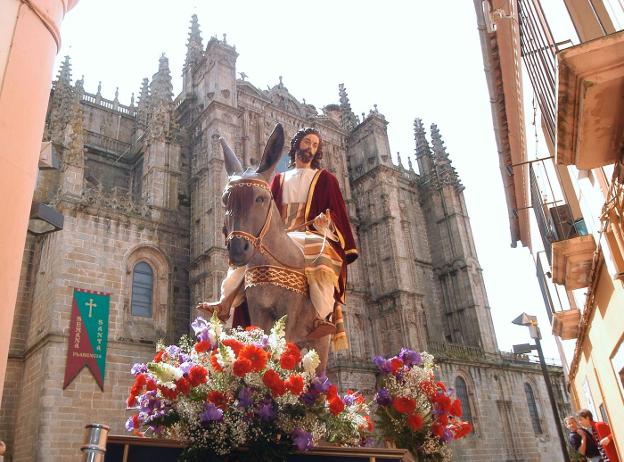 La imagen de La Borriquita a su paso por la plaza de la Catedral. :: david palma
