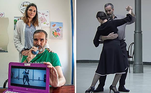 Marco en la sede de Cocemfe con Cristina, su logopeda. Una imagen del vídeo que protagoniza para dar visibilidad a su enfermedad. :: PAKOPÍ