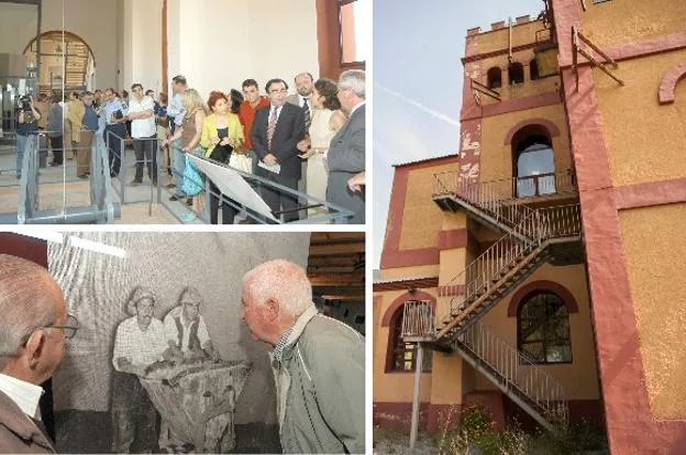 Inauguración del Centro de Interpretación de la Minería el 22 de junio de 2004 (arriba, izda.) Imagen de 2005, en la que antiguos mineros de Aldea Moret visitan el Centro (abajo, izda). Estado actual del exterior en la mina La Abundancia, cerca del edificio Embarcadero, (dcha.)