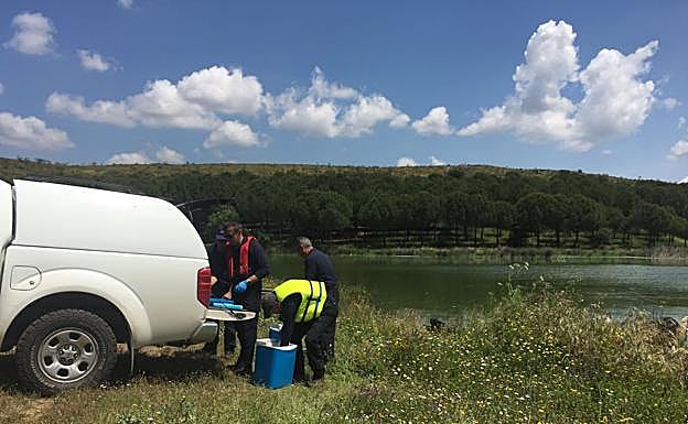Técnicos de la CHG toman muestras de agua del embalse esta mañana
