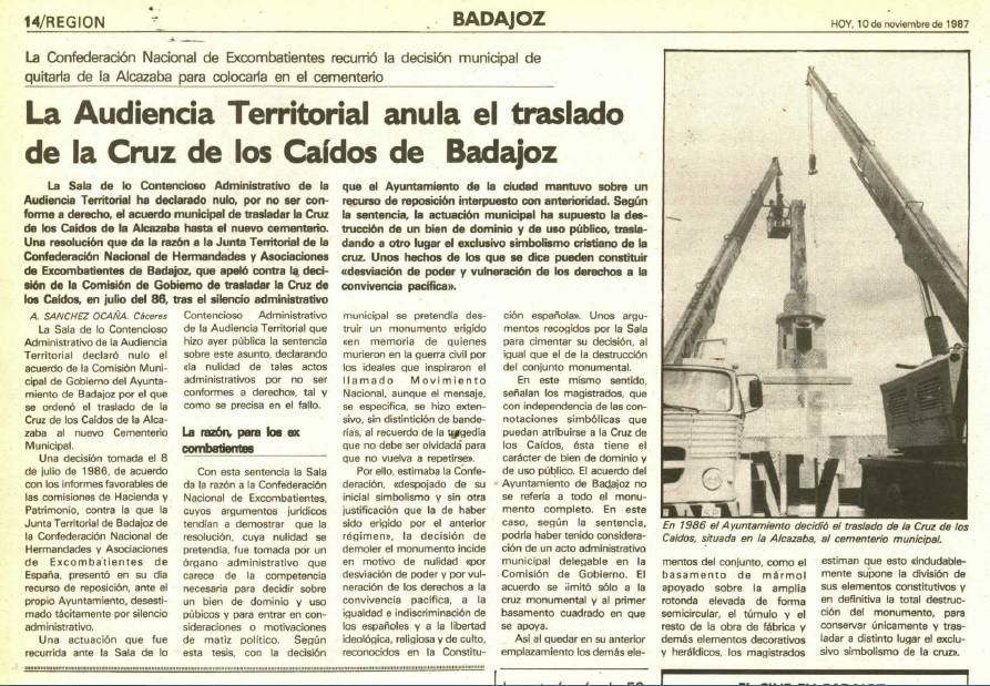 31-Noticia del Diario HOY del 10 de noviembre de 1987, sobre la anulación del traslado de la Cruz de Badajoz.