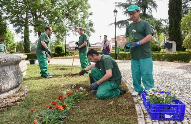 Alumnos plantan flores en el Parque de la Legión en Badajoz