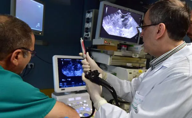 Un profesional médico realiza una prueba diagnóstica con un endoscopio. :: 