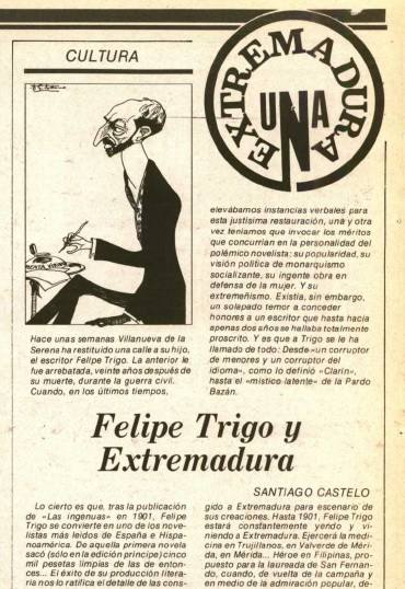 Artículo del Diario HOY sobre Felipe Trigo de Santiago Castelo, uno de los intelectuales que relanzaron su figura en la democracia, ya que durante el Franquismo Trigo fue un escritor maldito por su relación con el socialismo.