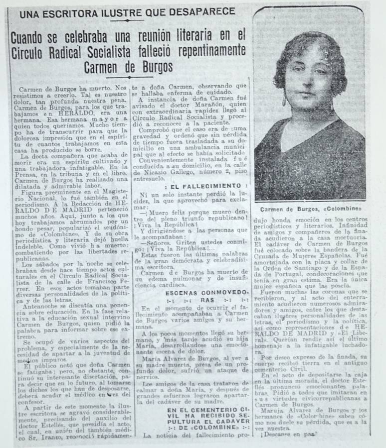 Noticia de un periódico de 1932 informando de la muerte de Carmen de Burgos.