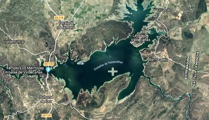 16-Ubicación actual de 'Los Mármoles'. Una cruz muestra el lugar en el que está sumergida Talavera la Vieja. (Google maps)