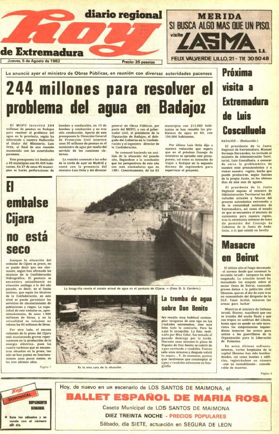 Problema del agua en Badajoz. La provincia pacense necesitaba 244 millones de pesetas para poder disponer agua en 1982 y el Ministerio de Obras Públicas decidió correr con los gastos. Esto fue un importanete alivio veraniego