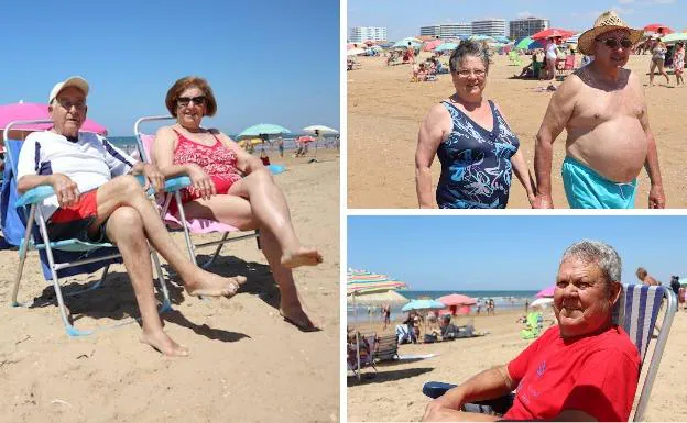 A la izquierda, Isidro Fonseca, gasolinero jubilado, y su mujer María del Pozo, de Badajoz, este verano en Punta Umbría. Arriba a la derecha, Ana Macarro y su marido Francisco Rivera, que es de Montijo; y abajo a la izquierda, Antonio Portero. 