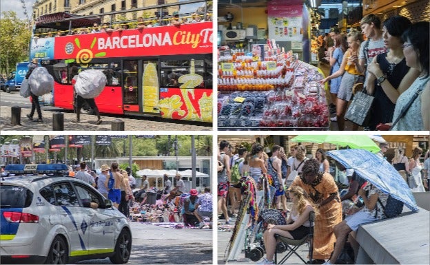 En la primera fotografía, los turistas contemplan el paso de los manteros cargados de imitaciones. La segunda es una parada del Mercat de la Boqueria, con productos para consumo rápido. La tercera muestra a la Policía Portuaria dejando a los manteros que ocupen la zona del puerto. La cuarta foto es una mujer haciendo unas trencitas a una turista.