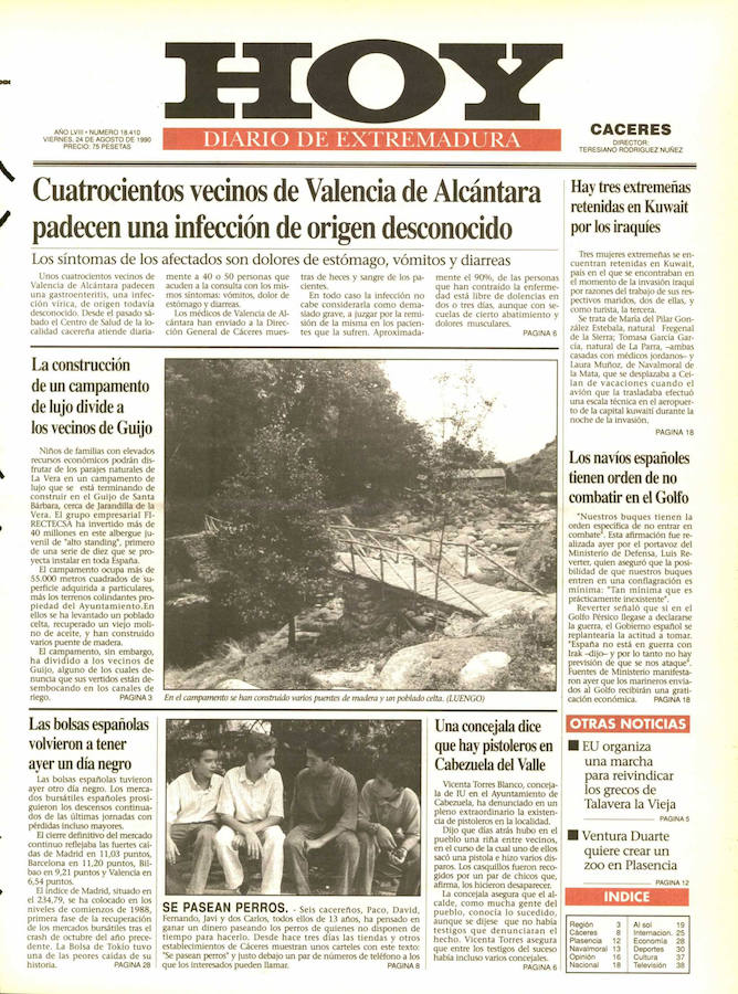 400 vecinos de Valencia de Alcántara padecen una infección desconocida En 1990, gran parte de la localidad cacereña se vio afectada por una enfermedad cuyos síntomas eran diarreas, vómitos y fuertes dolores de estómago.