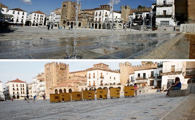 Arriba, fuentes situadas junto a la zona ajardinada, en 2011. Abajo, sutidores sin uso situados junto a la zona ajardinada de la Plaza Mayor.