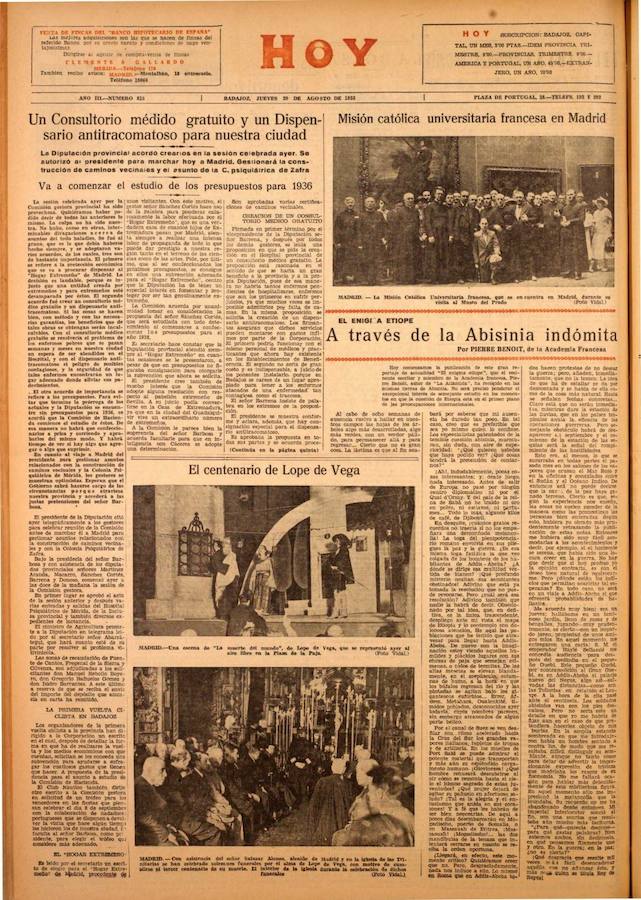 Un consultorio médico gratuito en Badajoz. La Diputación provincial acordó crear en 1935 un consultorio médico gratuito y un dispensario antitracomatoso, además de una consulta psiquiátrica en Zafra.