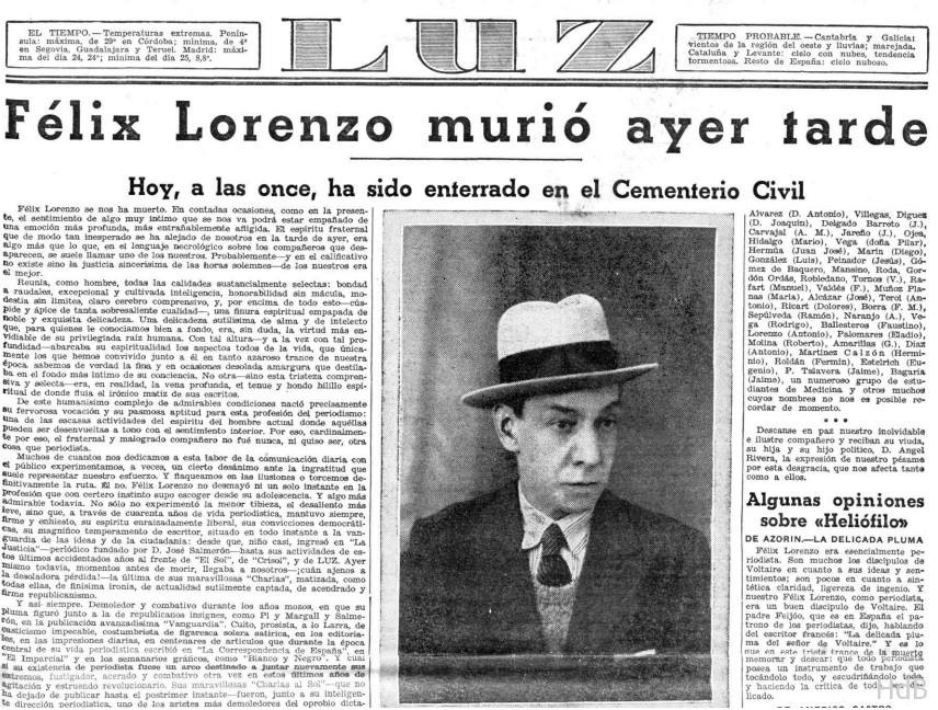 Noticia de la muerte de Félix Lorenzo en 1933.