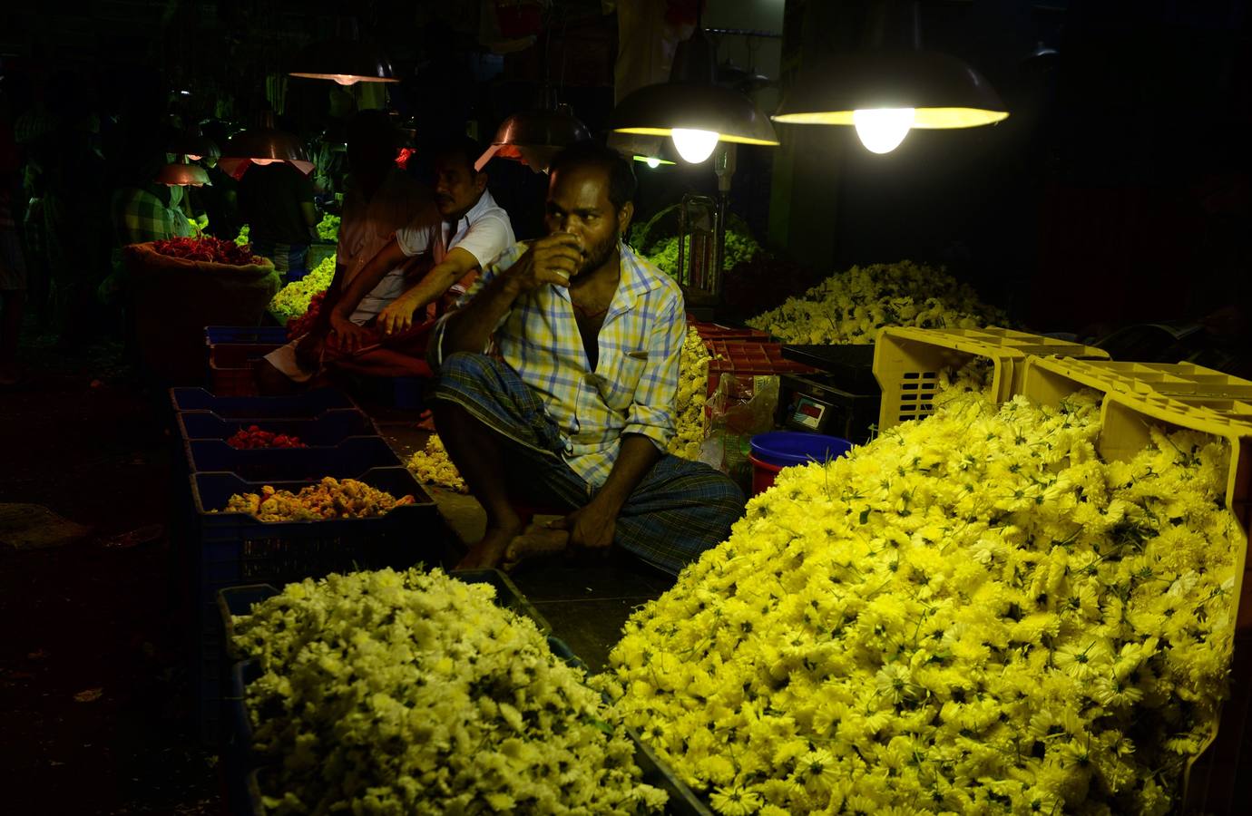 Los vendedores indios organizan calabazas pintadas para parecerse a demonios durante el festival de Durga Puja en un mercado mayorista de flores en Chennai. El festival de cinco días de Durga Puja, que conmemora el asesinato del demonio rey Mahishasur por la diosa Durga, señala El triunfo del bien sobre el mal.