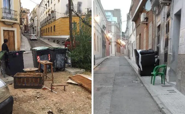Mobiliario abandonado en la calle Eugenio Hermoso y sillones y sillas cortando una acera en la calle Afligidos. :: HOY