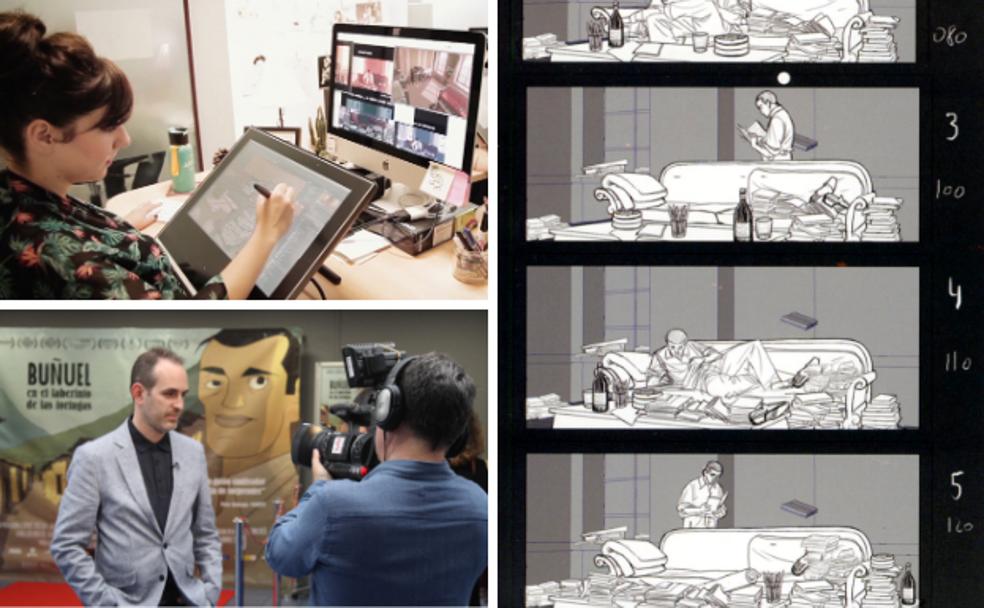 TRABAJO: Arriba, varias dibujantes que han participado en la película, a la derecha algunos de los dibujos del boceto, y abajo José María Fernández de Vegadurante el preestreno de la película el lunes en Mérida. 