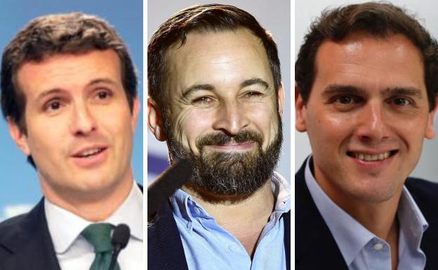 Pablo Casado (PP), Santiago Abascal (Vox) y Albert Rivera (Ciudadanos).