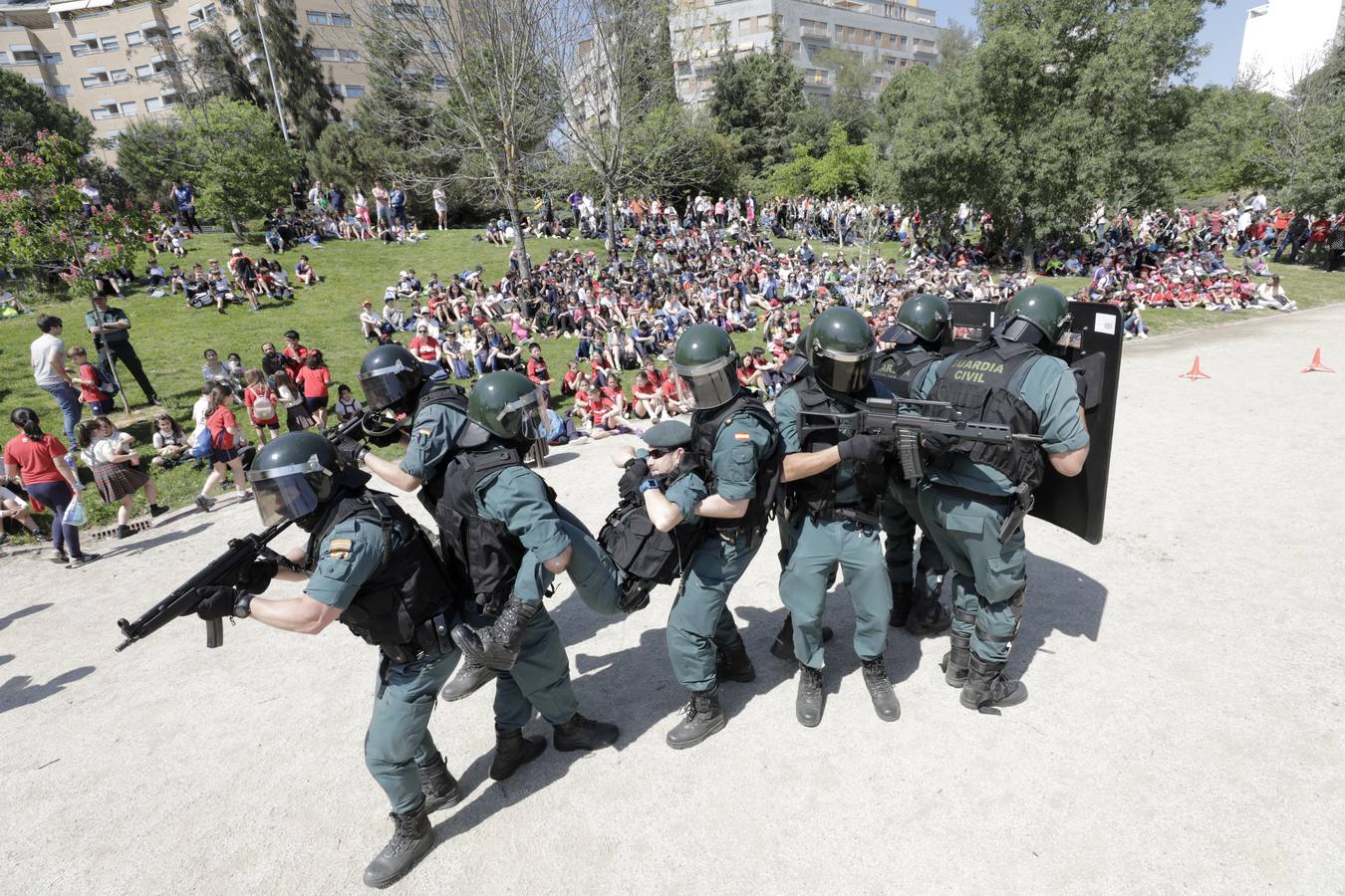 El parque del Rodeo fue el escenario de varias exhibiciones y una exposición de material realizadas ayer por la Guardia Civil de Cáceres con motivo de 175 aniversario de la fundación del cuerpo. Por la mañana acudieron más de un millar de alumnos de centros escolares de Cáceres, Navas del Madroño, Serradilla y Malpartida de Cáceres, y por la tarde las exhibiciones de las distintas unidades de la Guardia Civil estuvieron abiertas al público en general.