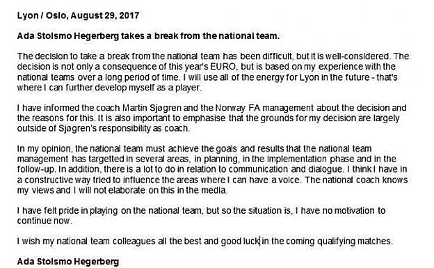 Comunicado de Hegerberg en el que anunciaba su decisión