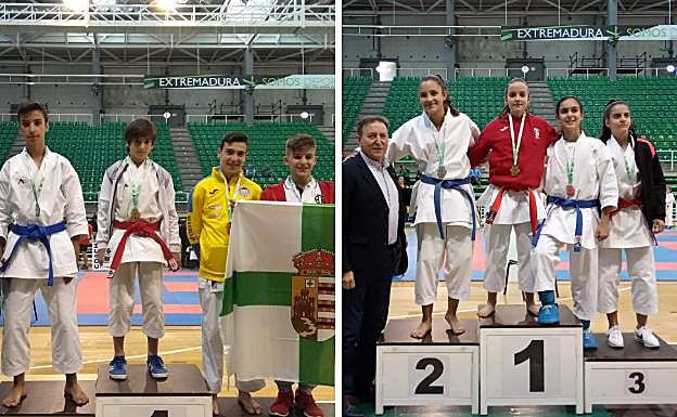 Karatekas herrereños en la competición masculina y femenina, en el podio. :: 