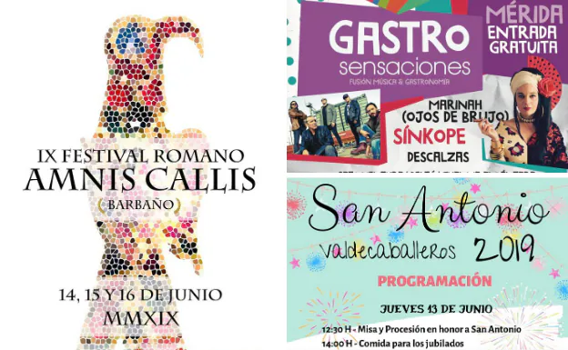 Cartel del Amnis Callis, del gastrosensaciones de Mérida y del programa de San Antonio en Valdecaballeros.
