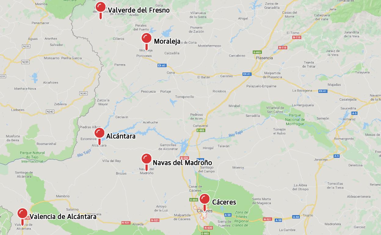 Mapa de puntos de recarga de vehículos eléctricos en la provincia de Cáceres:: HOY