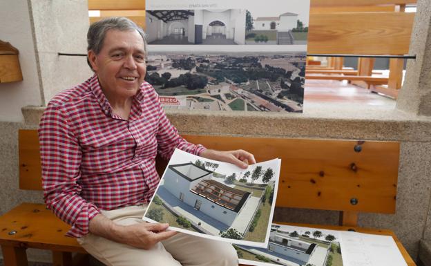 Imagen principal - Arriba, Antonio Pariente con imágenes del proyecto; abajo a la izquierda, aspecto que tendrá el templo en su interior; y a la derecha, estado actual de la ermita. 