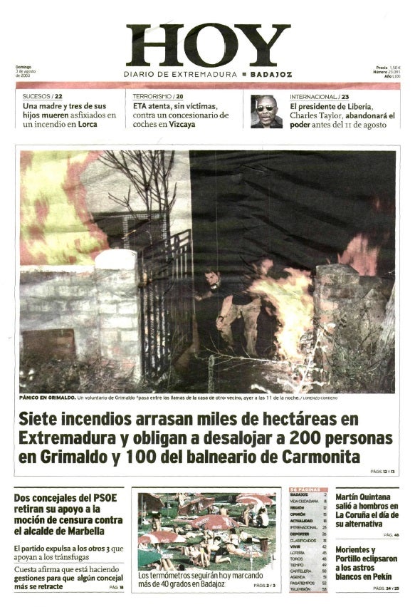 Imagen - Portada de HOY del 3 de agosto de 2003, año negro por los incendios en la región.