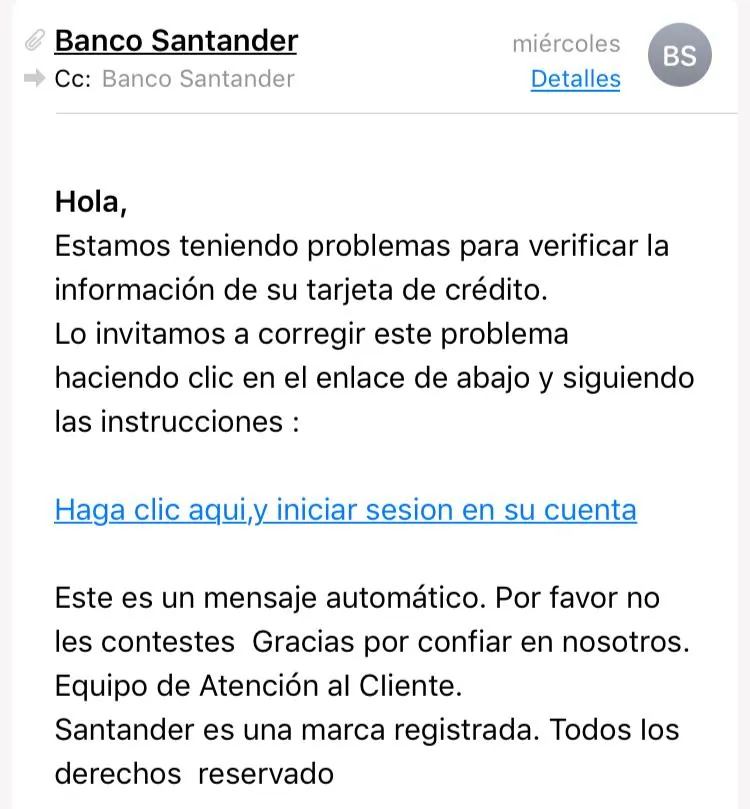 Imagen del email que recibió el pasado 18 de septiembre la víctima. CEDIDA