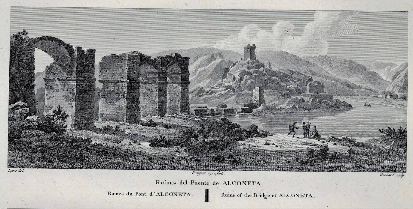 Grabado de las ruinas del puente de Alconétar.