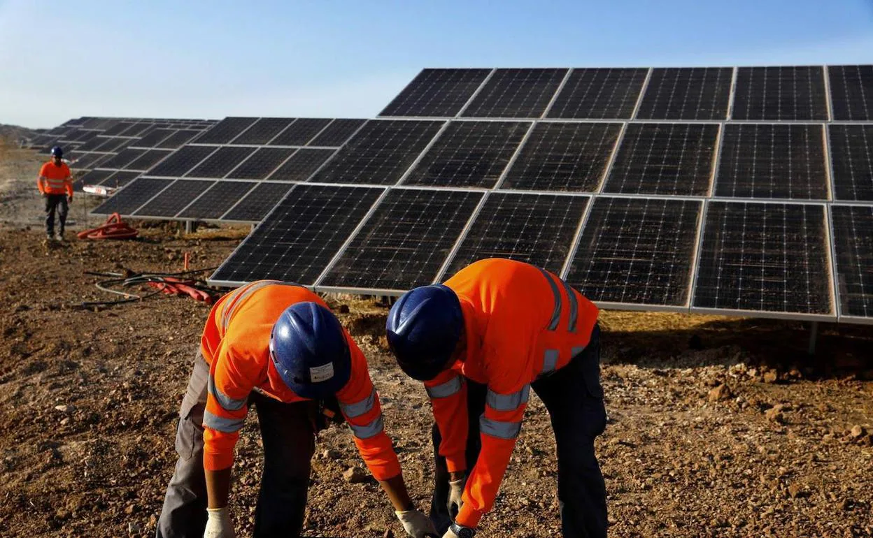 Instalación de placas solares en una planta fotovoltaica en obras en la región. 
