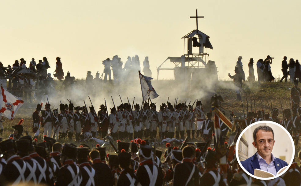 Pioneros. Imagen de la recreación histórica de la batalla de La Albuera. En el círculo, Jacinto Marabel, autor de la propuesta. 