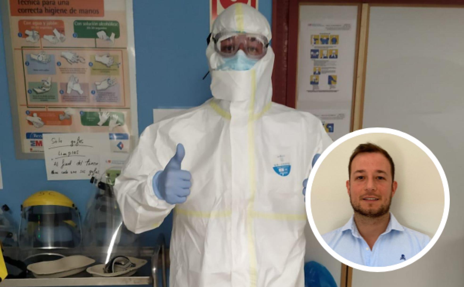 Álvaro Vega con su EPI en el Hospital Universitario de Alcalá de Henares. 