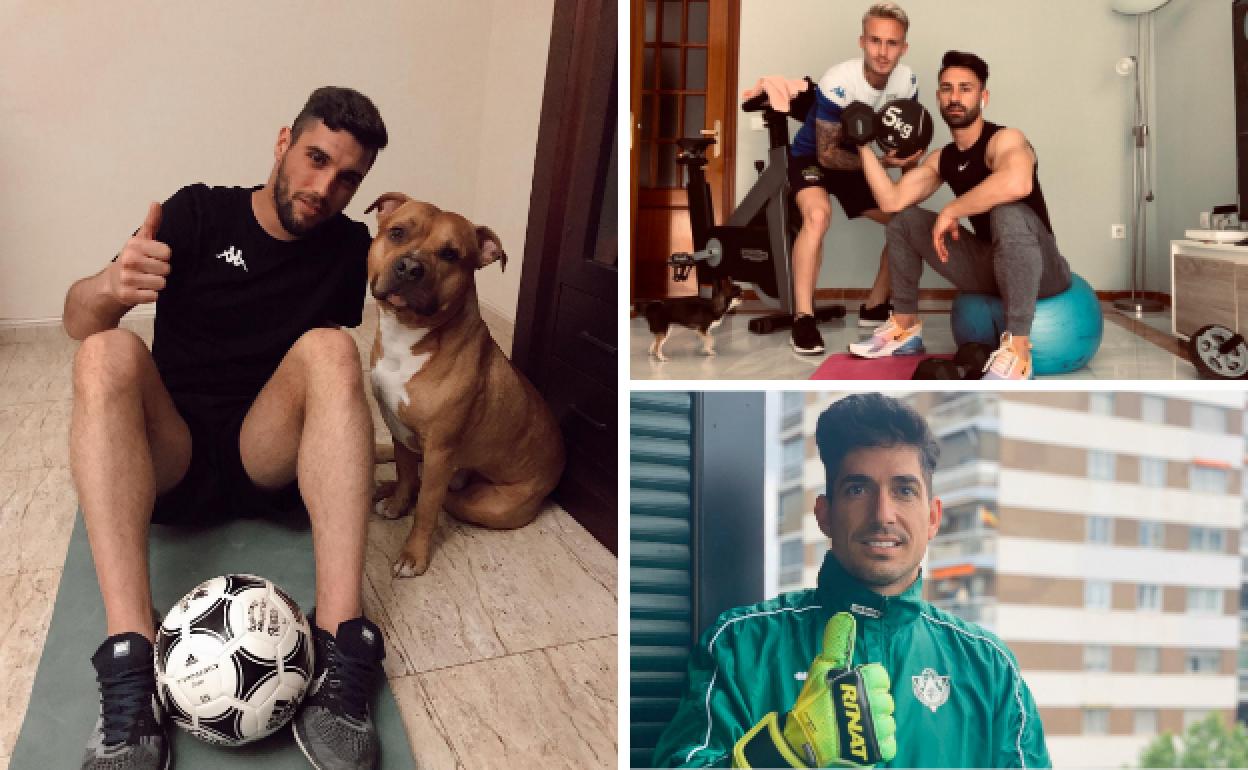 El jugador del Villanovense Tapia entrenando en su casa con el perro; Kike Márquez hace pesas con su compañero de piso, otro azulgrana del Extremadura, Sergio Gil; y Ángel Bernabé, portero del Cacereño, en su domicilio. 