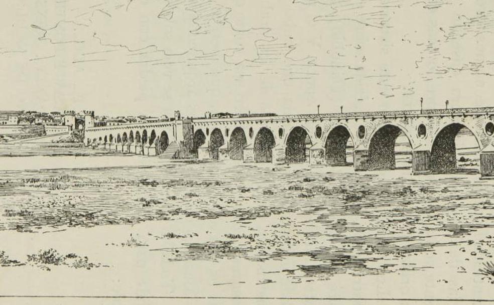 Grabado del Puente de Palmas del libro 'Extremadura' de Nicolás Díaz y Pérez. Año 1887