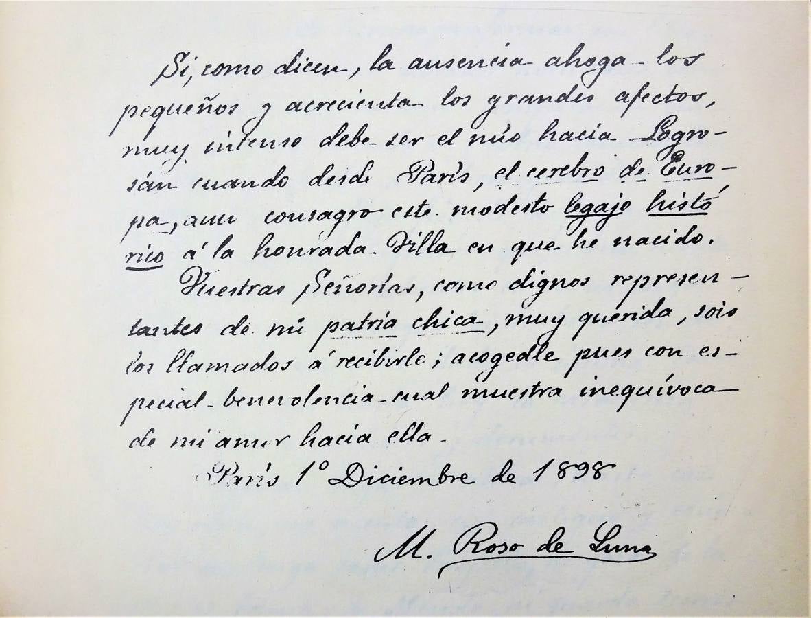 Dedicatoria de Roso en el libro, escrita en París