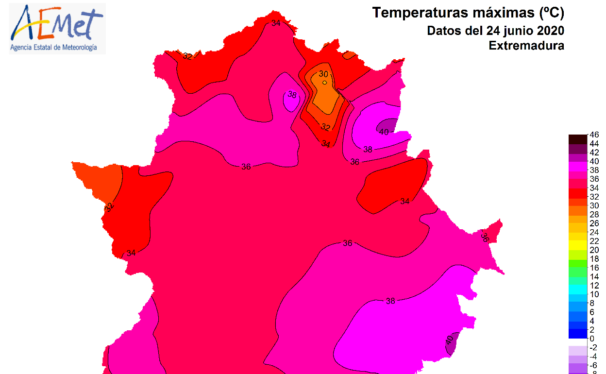 Mapa de la Aemet de las temperaturas del 24 de junio.
