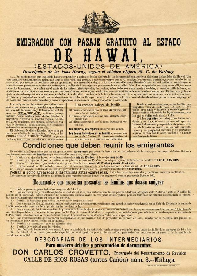 Cartel publicitario que animaba a los españoles a emigrar a Hawái.