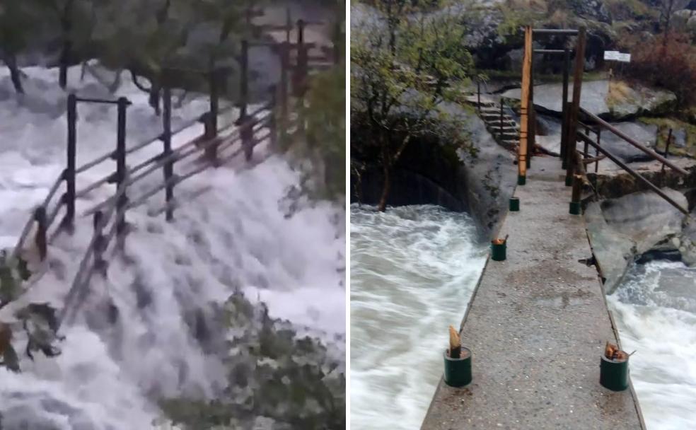 La fuerza del agua ha dejado sin barandillas el puente ubicado al final de Los Pilones, en el Valle del Jerte.