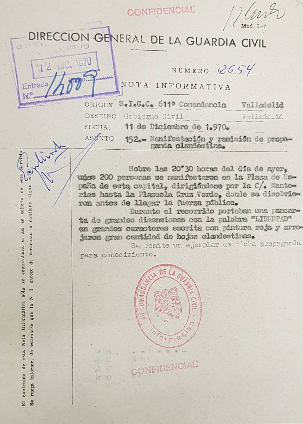 Informe confidencial de la Dirección General de la Guardia Civil sobre una manifestación de apoyo a los presos de ETA. 