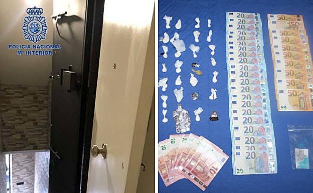 A la izq. imagen de una de las puertas blindadas | Der. parte del dinero y la droga incautada.