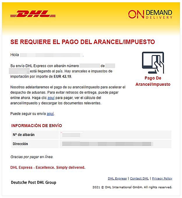 Imagen del email enviado por la empresa de envío a un cliente que compró varios productos en una tienda de Reino Unido desde España.