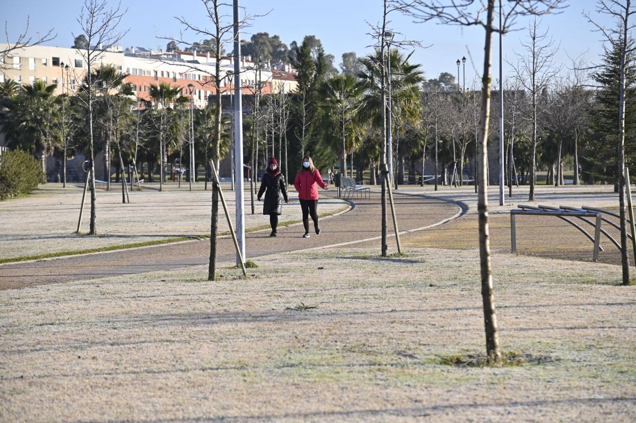 Imagen de la helada que se extendía ayer por la mañana sobre el parque del río de Badajoz. 