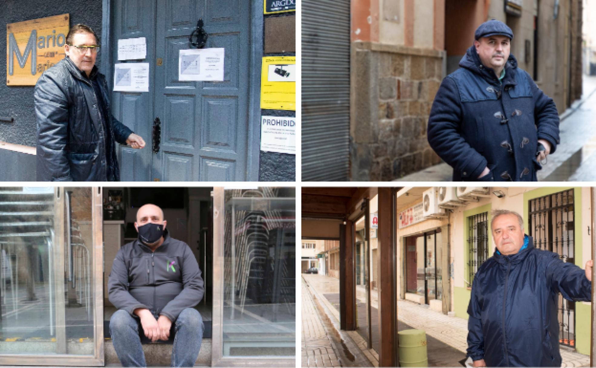 Arriba izq. Augusto Pino cierra Mario&MArieta en Cáceres. | Arriba der. Ismael Jarque, a las puertas de la discoteca Impacto, de Plasencia, que cierra tras 28 años de negocio. | Abajo izq. Joaquín Francisco Lunar, propietario de Kioskini, sentado a las puertas del que ha sido su bar en Mérida. | Abajo der. Joaquín García Galán delante de su bar en Badajoz.